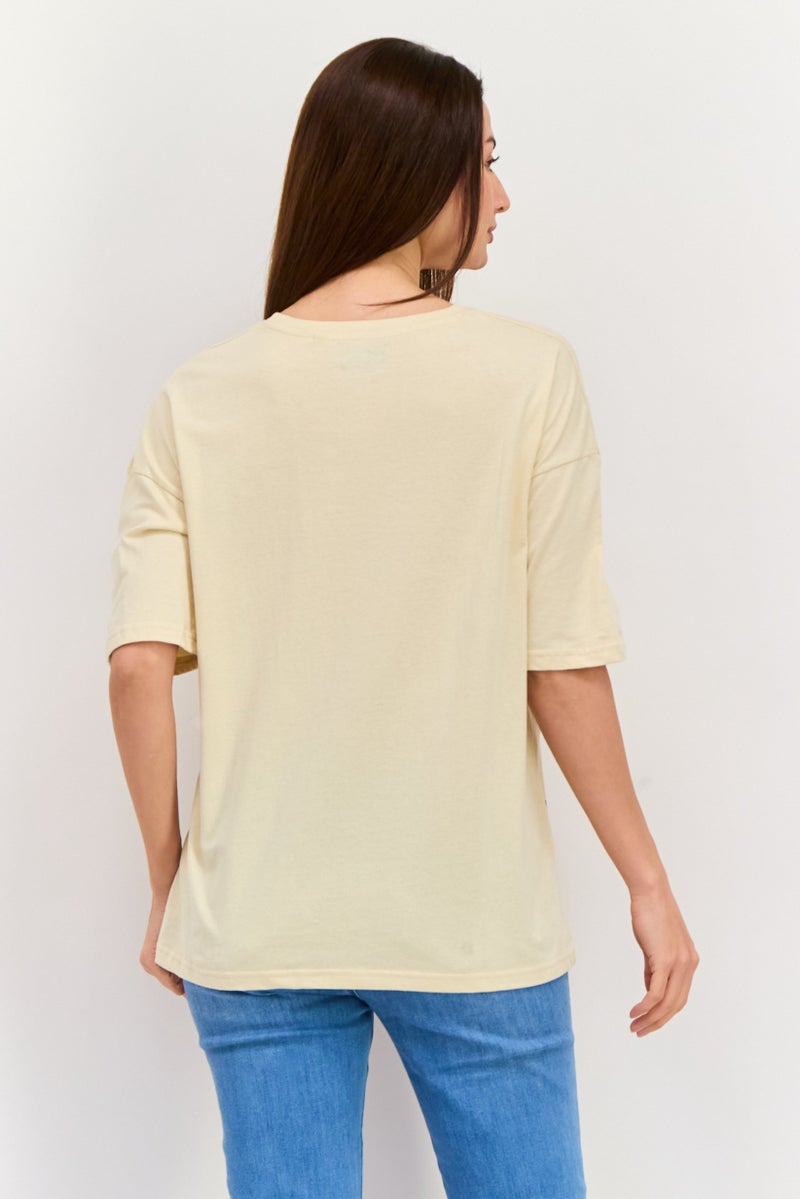 Disney Women Crew Neck Micky Mouse Print Top, Beige - Image 3