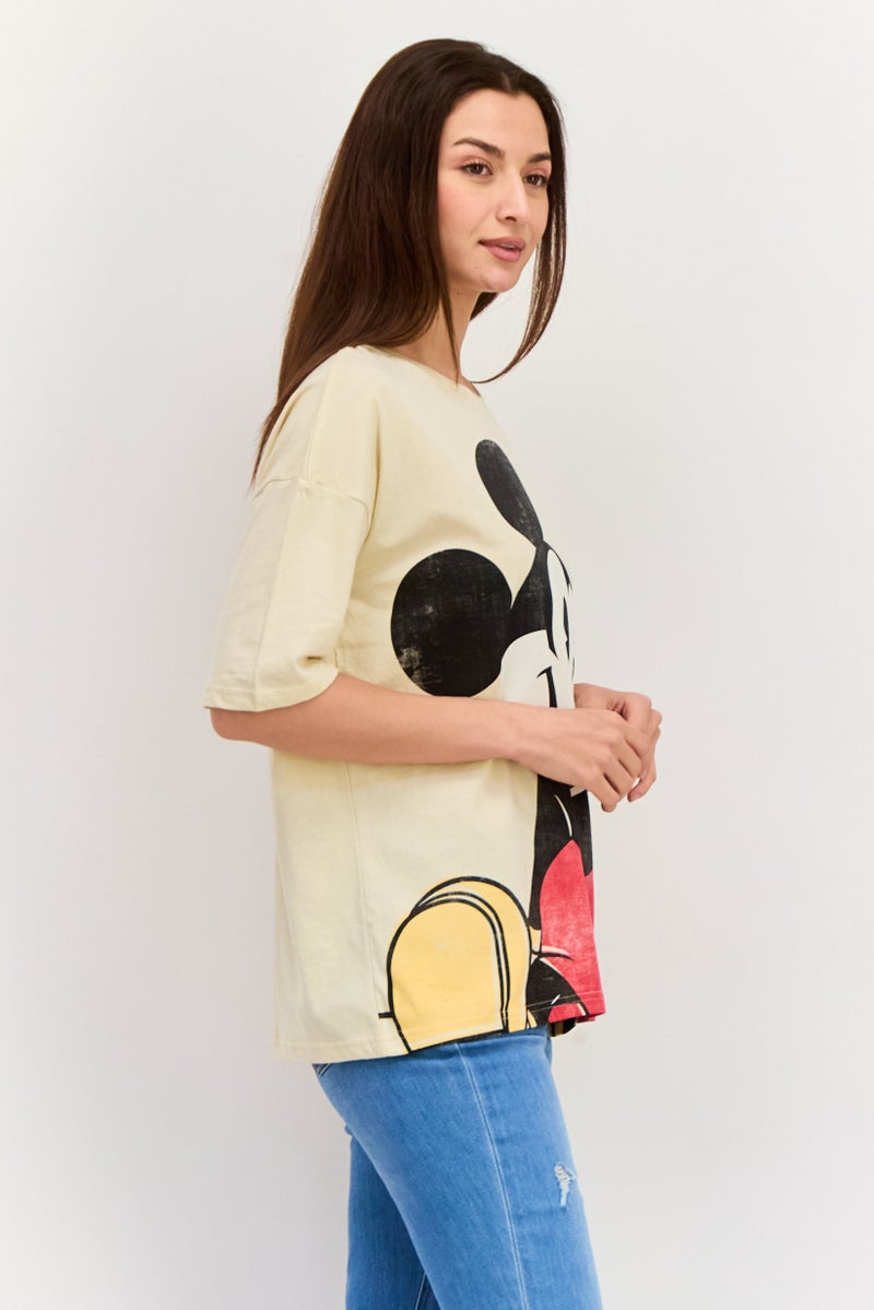 Disney Women Crew Neck Micky Mouse Print Top, Beige - Image 2