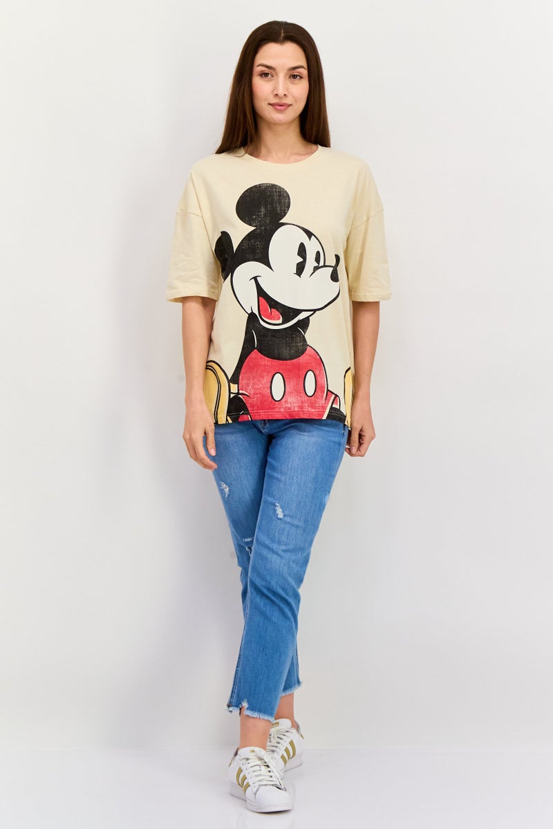 Disney Women Crew Neck Micky Mouse Print Top, Beige - Image 4