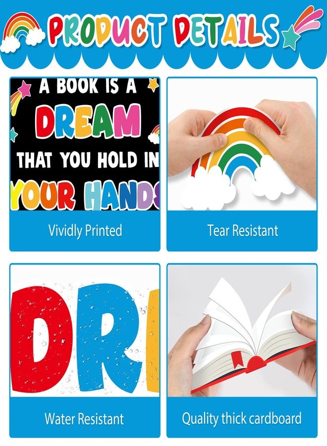 Justforjoyful مجموعة لوحة إعلانات للقراءة، زينة ملونة لفصول القراءة، لوحة إعلانات "الكتاب حلم"، قصاصات نجوم قوس قزح للعودة إلى المدرسة، زينة لفصول رياض الأطفال والمرحلة الابتدائية، سبورة، باب، جدار - Image 3