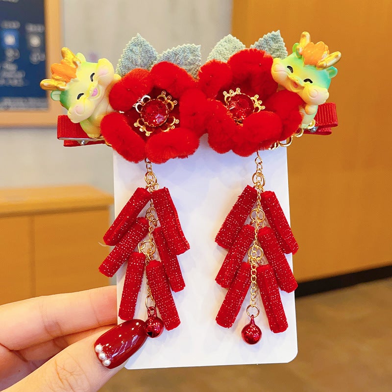 Generic Kids Chinese New Year Dragon Tassel Hair Clips Flower bamboo dragon treasure