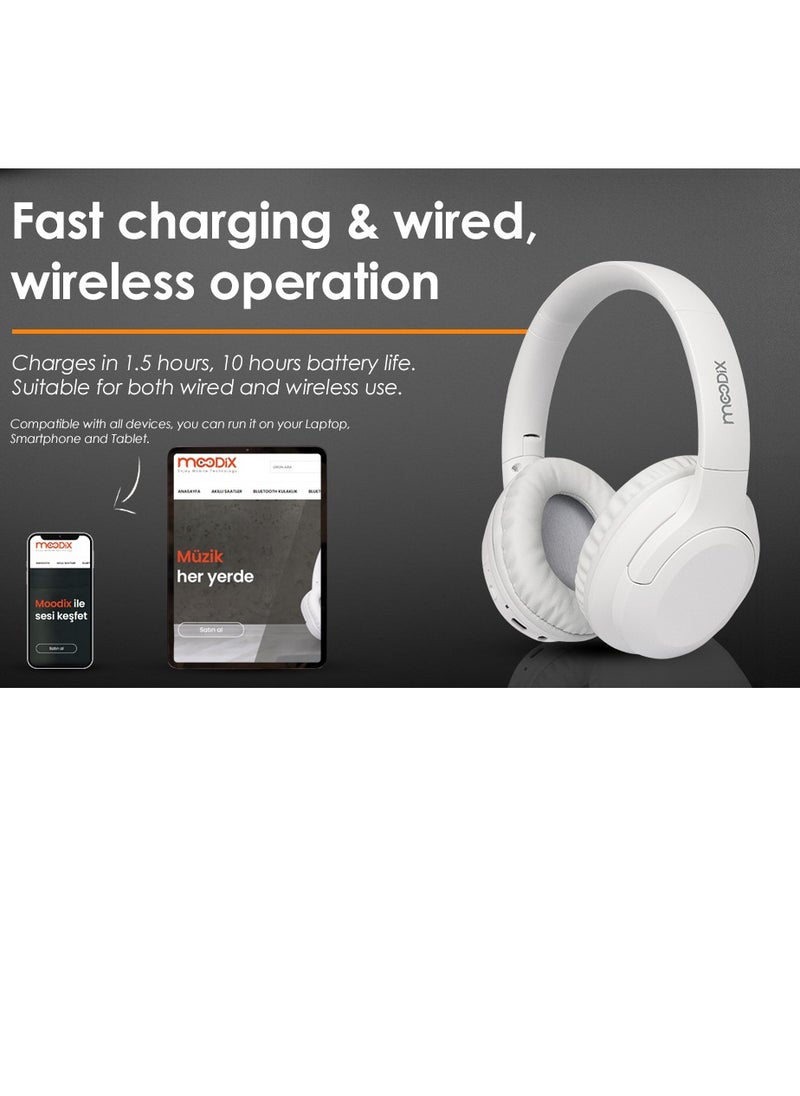 moodix - Moodix KO23NB1701W ANC Active Noise Cancelling Wireless Bluetooth On-Ear Headphones, Android and iPhone Compatible, White - Image 1