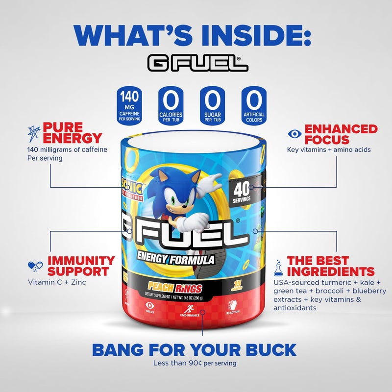 G Fuel Sonic Energy Powder, Sugar Free, Clean Caffeine Focus Supplement, Water Mix, Peach Ring Candy Flavor, Focus Amino, Vitamin + Antioxidants Blend - 9.8 oz (40 Servings) - Image 3