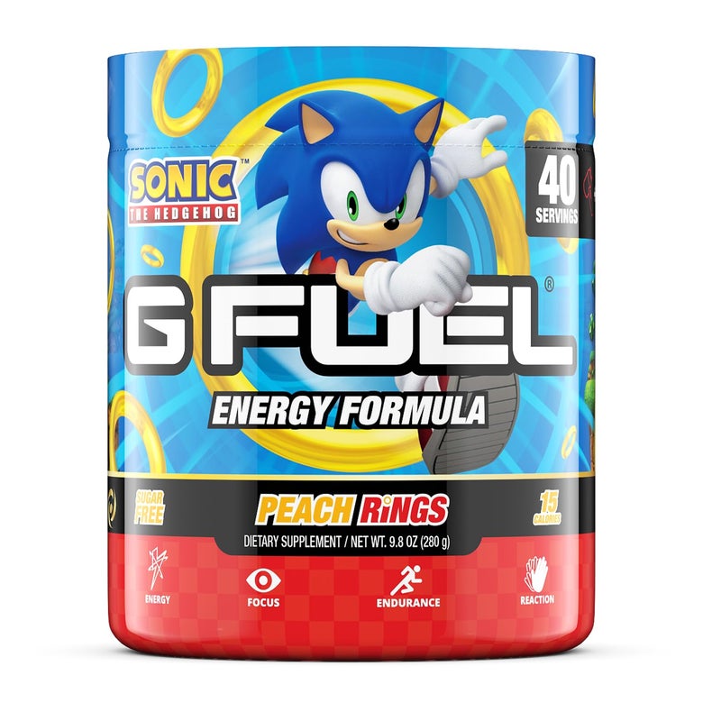 G Fuel Sonic Energy Powder, Sugar Free, Clean Caffeine Focus Supplement, Water Mix, Peach Ring Candy Flavor, Focus Amino, Vitamin + Antioxidants Blend - 9.8 oz (40 Servings) - Image 1