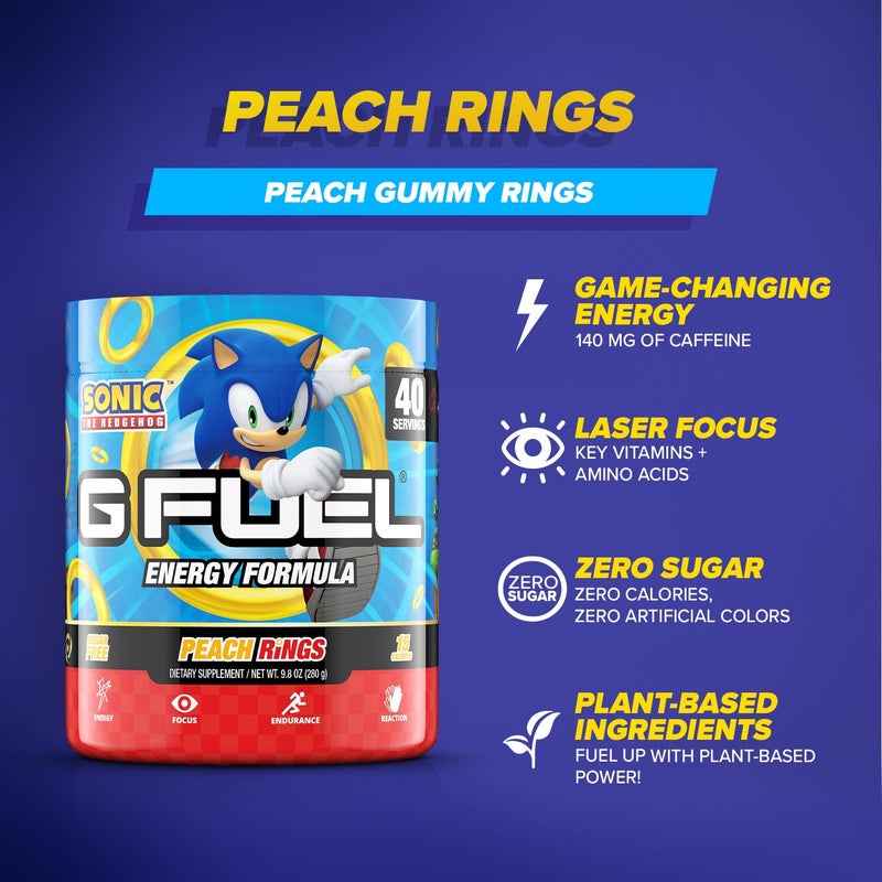 G Fuel Sonic Energy Powder, Sugar Free, Clean Caffeine Focus Supplement, Water Mix, Peach Ring Candy Flavor, Focus Amino, Vitamin + Antioxidants Blend - 9.8 oz (40 Servings) - Image 4