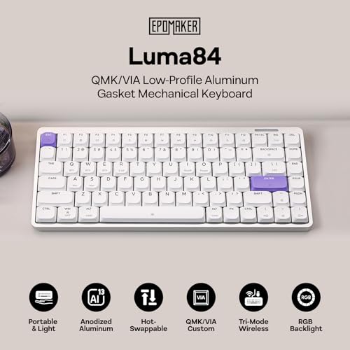 EPOMAKER Luma84 Low Profile Aluminum Mechanical Keyboard, QMK/VIA Programmable, Tri-Mode Wireless, Win/MAC/Linux Compatible, RGB Backlight (White&Purple, Gateron Low-Profile Red Switch) - Image 2