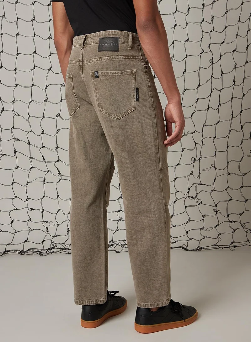 Hubberholme Men's Beige 100% Cotton Distressed Jeans