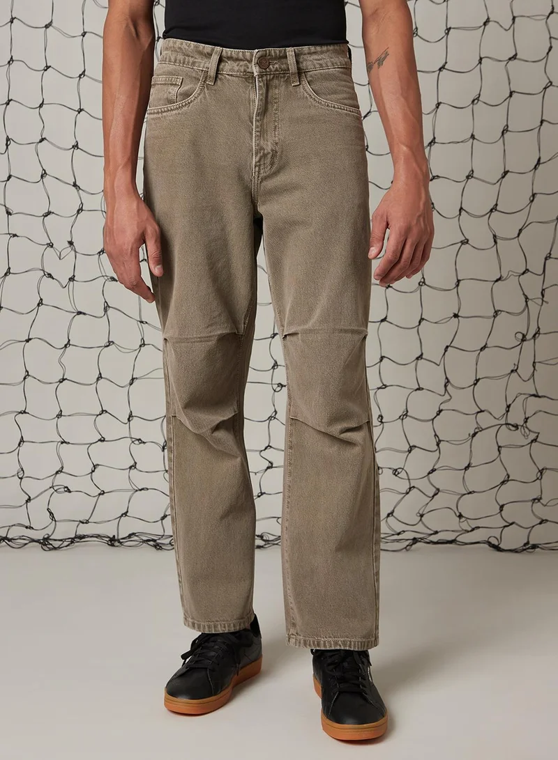 Hubberholme Men's Beige 100% Cotton Distressed Jeans