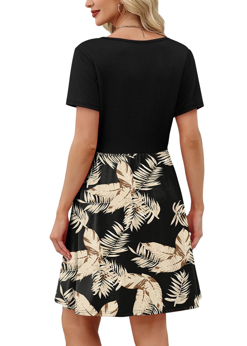 OFEEFAN Womens Dresses 2026 Square Neck Short Sleeve Spring Summer Beach Vacation Sundress Floral Leaf Casual Elegant Classy Dress Floral Leaf M - Image 5