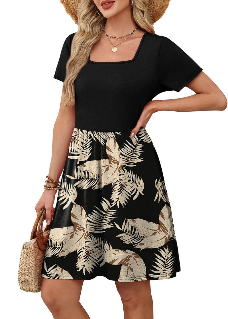 OFEEFAN Womens Dresses 2026 Square Neck Short Sleeve Spring Summer Beach Vacation Sundress Floral Leaf Casual Elegant Classy Dress Floral Leaf M - Image 4