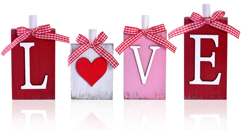 IDATOO Valentine's Day Table Decorations, 4PCs Wooden LOVE Letters Decor with Heart for Home Office, Sweet Wooden Love Sign with Bow, Tabletop Centerpiece for Tiered Tray Shelf Mantel Fireplace (LOVE) - Image 1