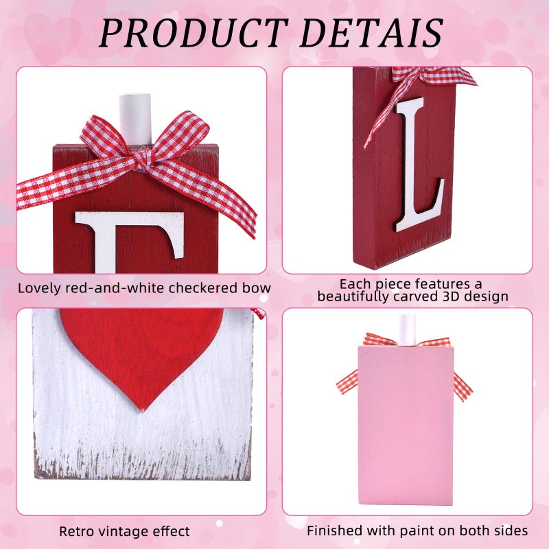 IDATOO Valentine's Day Table Decorations, 4PCs Wooden LOVE Letters Decor with Heart for Home Office, Sweet Wooden Love Sign with Bow, Tabletop Centerpiece for Tiered Tray Shelf Mantel Fireplace (LOVE) - Image 4