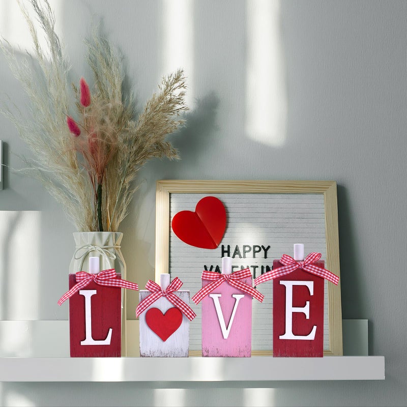 IDATOO Valentine's Day Table Decorations, 4PCs Wooden LOVE Letters Decor with Heart for Home Office, Sweet Wooden Love Sign with Bow, Tabletop Centerpiece for Tiered Tray Shelf Mantel Fireplace (LOVE) - Image 5