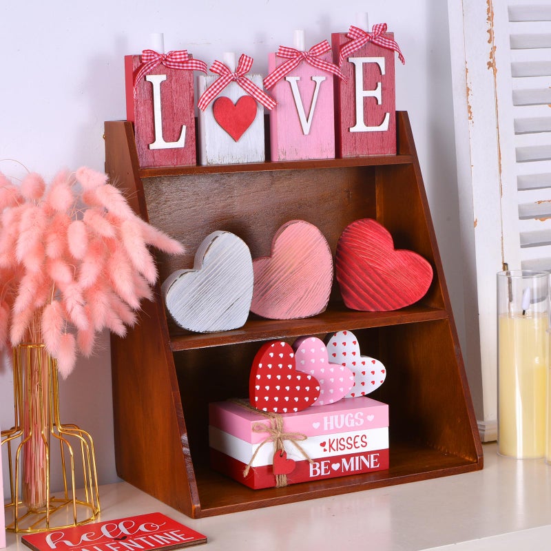 IDATOO Valentine's Day Table Decorations, 4PCs Wooden LOVE Letters Decor with Heart for Home Office, Sweet Wooden Love Sign with Bow, Tabletop Centerpiece for Tiered Tray Shelf Mantel Fireplace (LOVE) - Image 2