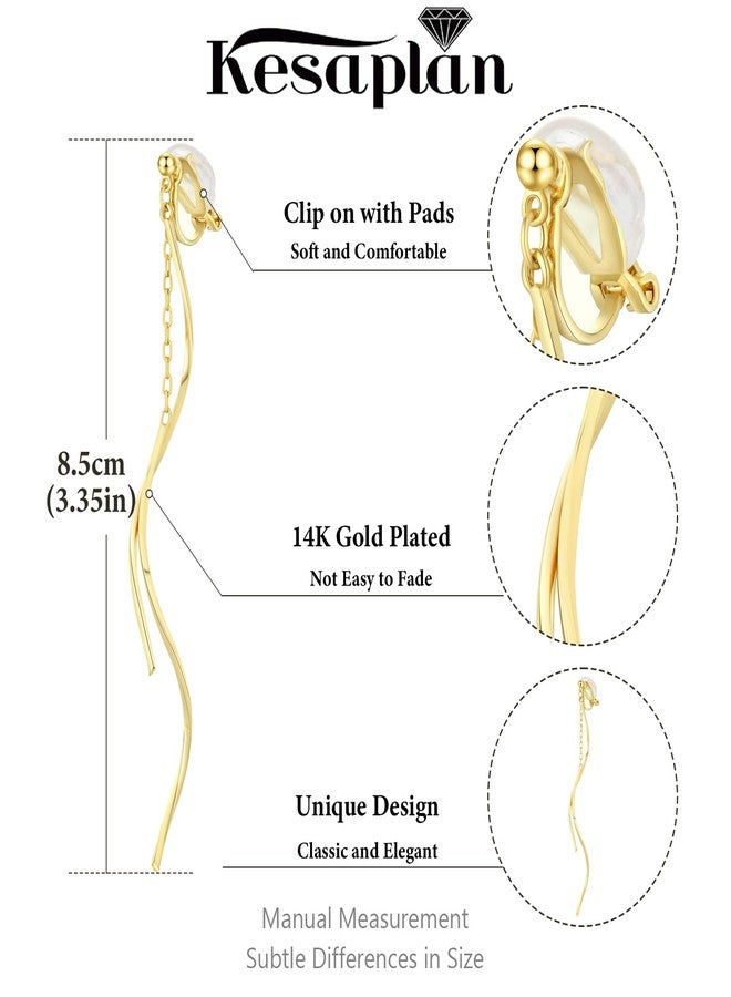 KesaPlan Clip on Earrings for Women 14K Gold Plated Long Dangle White Pearl Earrings Simple No Piercing Hoop Stud Earrings Lightweight Curve Tassel Chain Ear Clips Minimalist Jewelry Wedding Christmas Gift - Image 2
