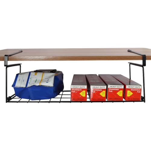OKOMATCH Foil and Plastic Wrap Organizer Kitchen Under Cabinet Desk Pantry Hanging Organizer Storage Foldable Rack Black - Image 1