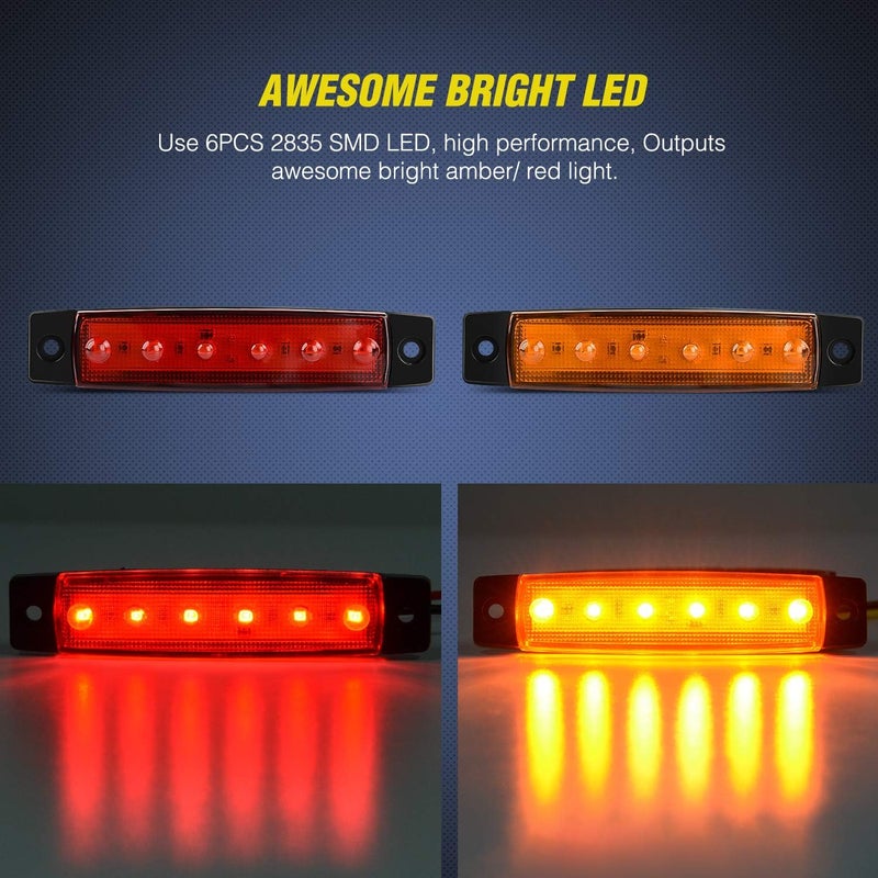 Nilight - TL-13 10 PCS Amber Red 3.8” 6 LED Amber Side Marker Light Indicator Light Rear side Marker Light for Truck Trailer RV Cab Boat Bus Lorry LED Marker Light Clearance Light - Image 3