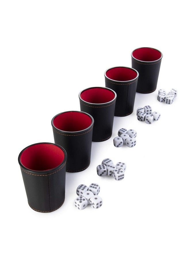 Brybelly - 5 Leather Dice Cups And 25 Bullseye Dice By Bullseye Game Night ; Classic Dice For Farkle Liar Dice Bunco ; Black And Red - Image 1