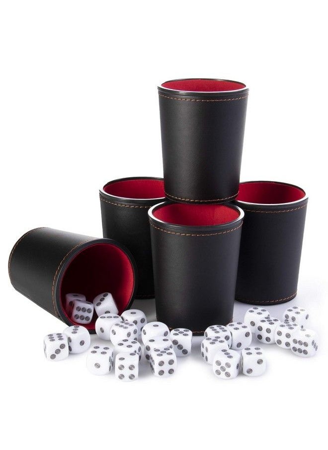 Brybelly - 5 Leather Dice Cups And 25 Bullseye Dice By Bullseye Game Night ; Classic Dice For Farkle Liar Dice Bunco ; Black And Red - Image 1