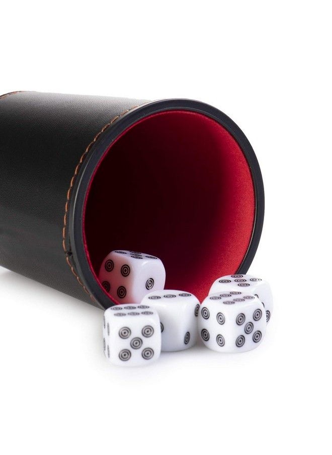 Brybelly - 5 Leather Dice Cups And 25 Bullseye Dice By Bullseye Game Night ; Classic Dice For Farkle Liar Dice Bunco ; Black And Red - Image 1