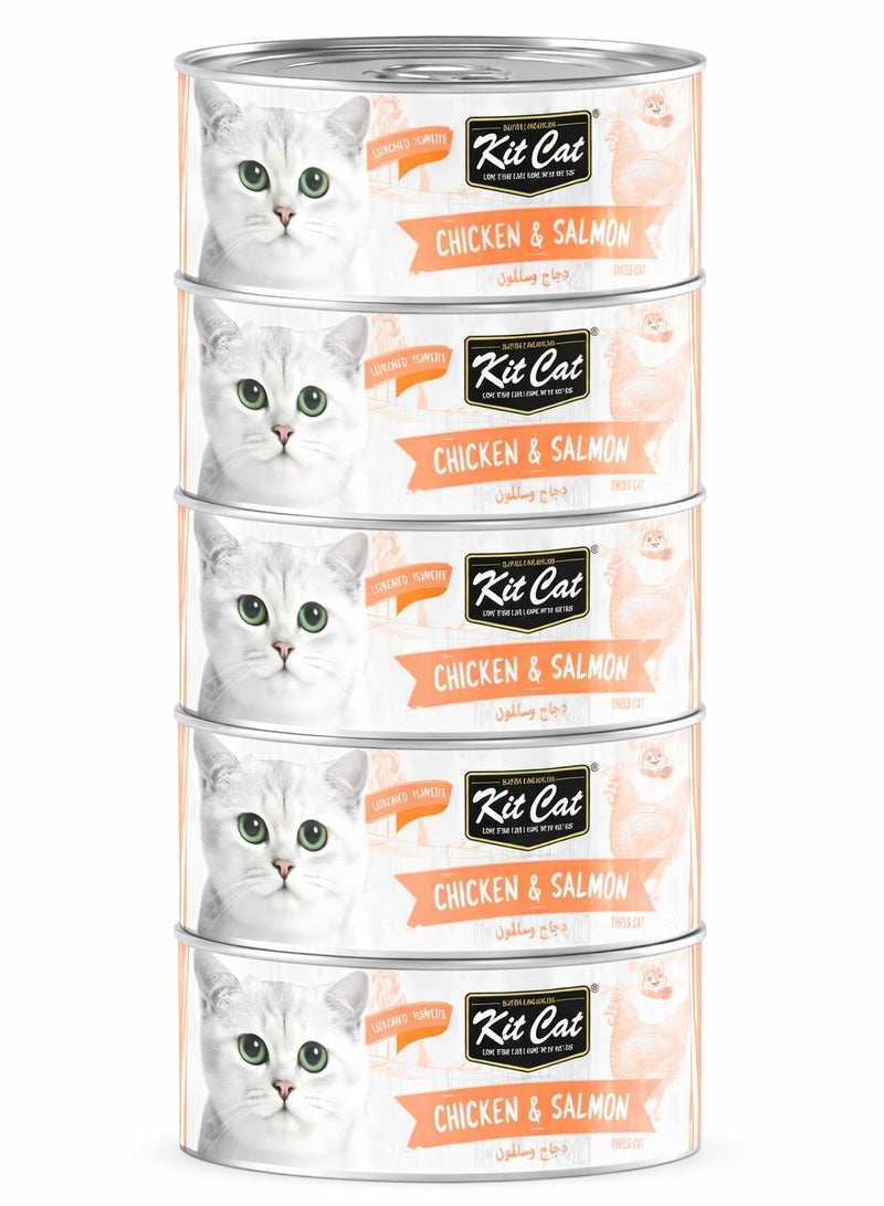 Kit Cat Super Premium Deboned Toppers, Chicken & Salmon in Aspic wet cat food- 6 Cans