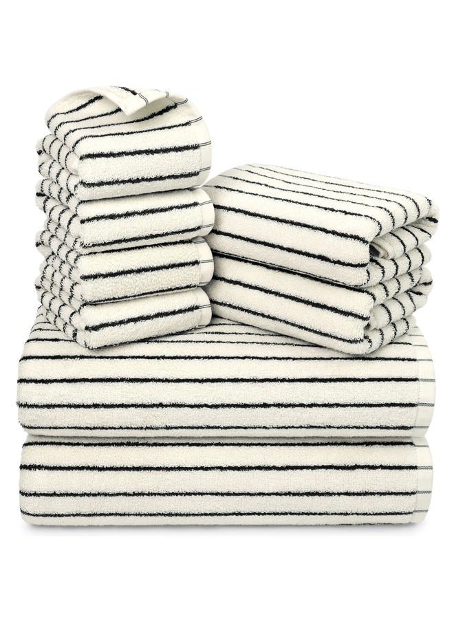 Jacquotha 8 Piece Black and White Towel Set, Super Soft & Absorbent Cotton Striped Towels for Bathroom Decor, 2 Bath, 2 Hand, 4 Washcloths - Image 1