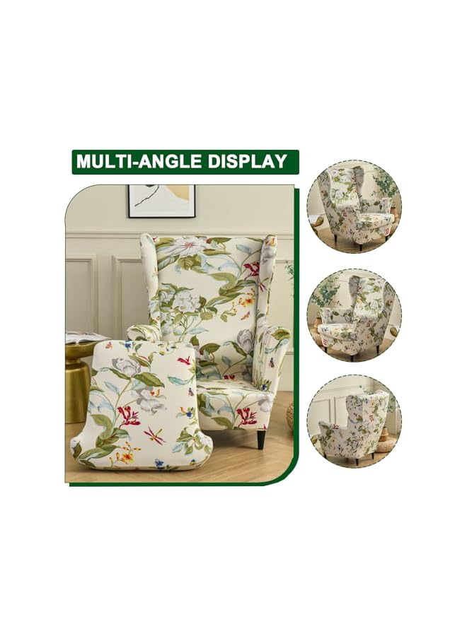 The Bros غطاء كرسي ونج باك قابل للتمدد من قطعتين مطبوع لكرسي ونج مع غطاء ذراع من قماش سبانديكس مع قاعدة مرنة لغرفة المعيشة وغرفة النوم (ربيع) - Image 4