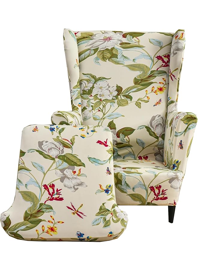 The Bros غطاء كرسي ونج باك قابل للتمدد من قطعتين مطبوع لكرسي ونج مع غطاء ذراع من قماش سبانديكس مع قاعدة مرنة لغرفة المعيشة وغرفة النوم (ربيع) - Image 1