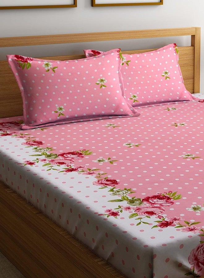 YaAkholic Elastic Fitted Queen Size Bedsheet with 2 Pillow Cover | Elastic (Pink Dot) - Image 1