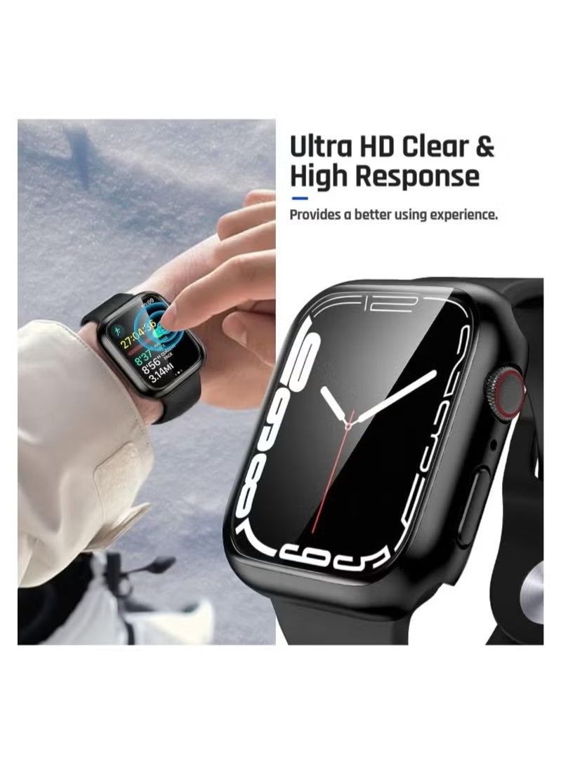 Upgraded Formulas Tempered glass screen protector for Apple Watch, iWatch Ultra/9/8/7, featuring an all-in-one ultra-thin design, full coverage, and a rigid PC bezel. Includes screen protector (black). - Image 4