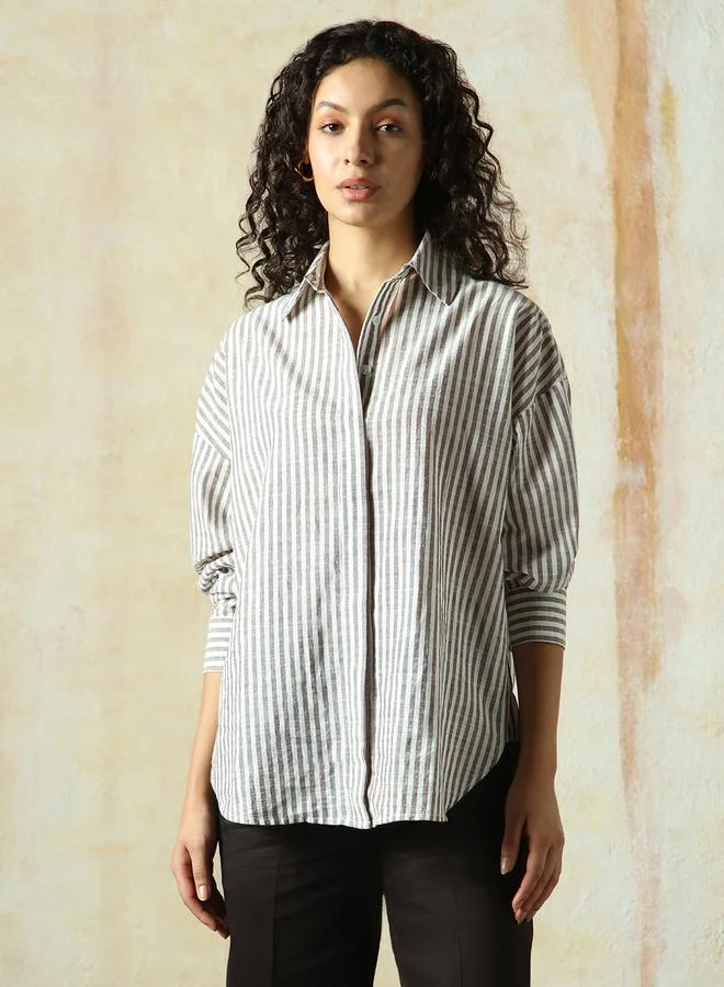 هاي ستار Women's Brown 100% Cotton Striped Button Down Oversized Shirt