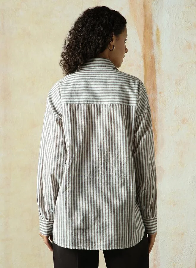 هاي ستار Women's Brown 100% Cotton Striped Button Down Oversized Shirt