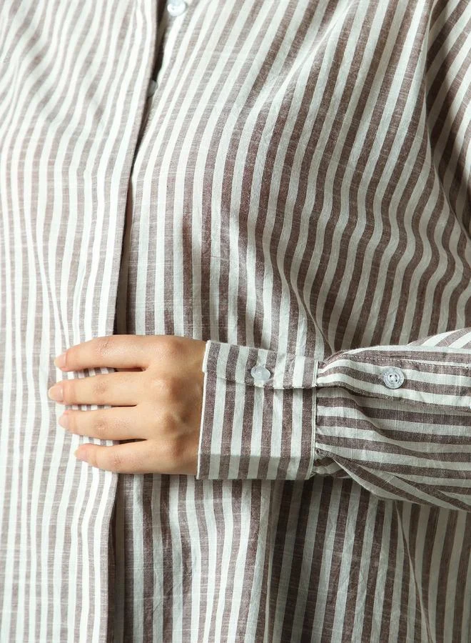 هاي ستار Women's Brown 100% Cotton Striped Button Down Oversized Shirt