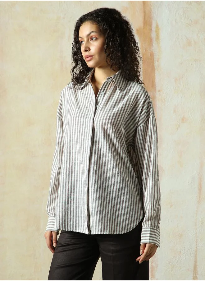 HIGH STAR Women Shirts in Brown featuring Oversized fit with a strip pattern, spread collar collar, collar neckline, full sleeve, secured with button closure, crafted from 100% cotton – ideal for both casual and formal outings.