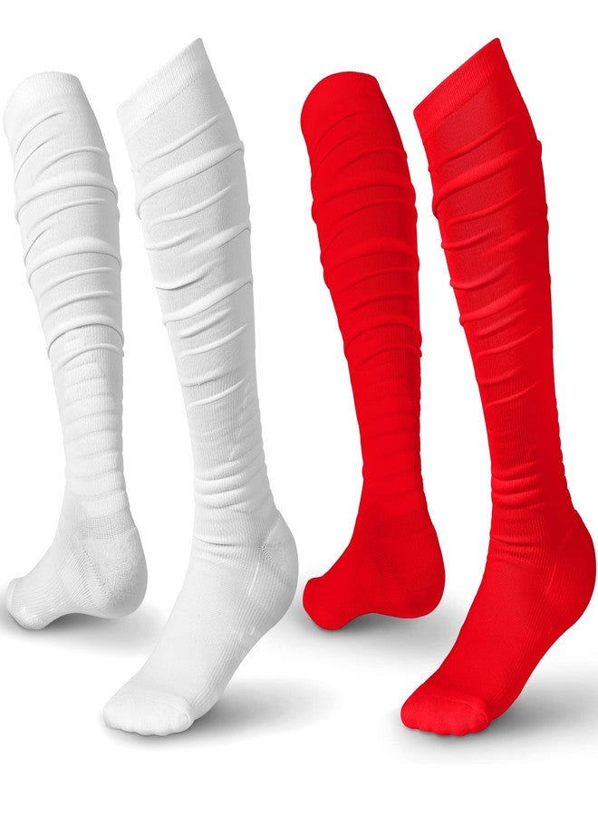 Chuarry Scrunch Football Socks Non Slip Men Extra Long Soccer Socks Over The Knee Athletic(White, Red,2 Pairs) - Image 1