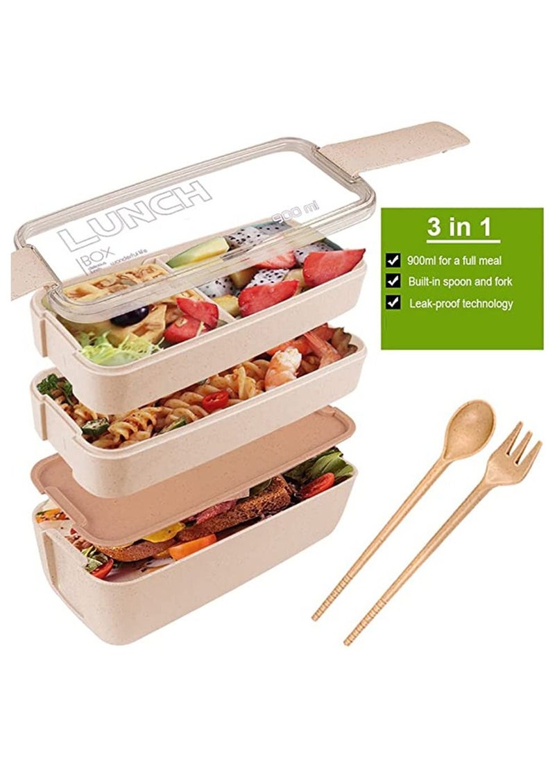 Arabest - Adults Lunch Box, Iteryn Stackable Bento Box, 3-In-1 Compartment - Wheat Straw, Leakproof Eco-Friendly Bento Lunch Box Meal Prep Containers - Image 1