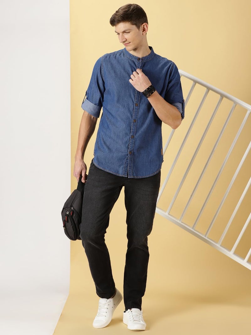 Thomas Scott Men's Smart Slim Fit Band Collar Pure Cotton Denim Casual Overdyed Shirt Mid Blue - Image 3