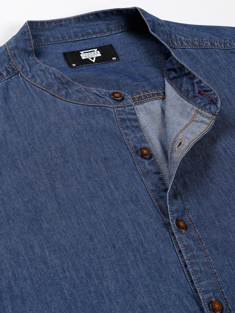 Thomas Scott Men's Smart Slim Fit Band Collar Pure Cotton Denim Casual Overdyed Shirt Mid Blue - Image 2