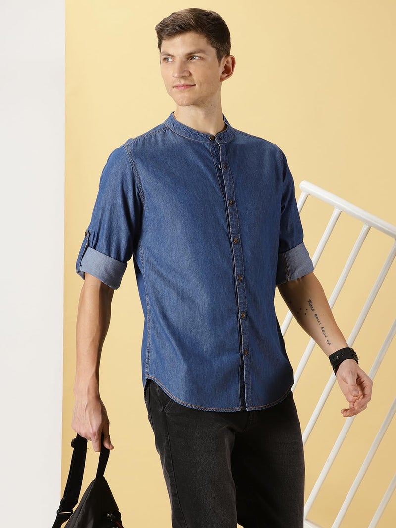 Thomas Scott Men's Smart Slim Fit Band Collar Pure Cotton Denim Casual Overdyed Shirt Mid Blue - Image 4
