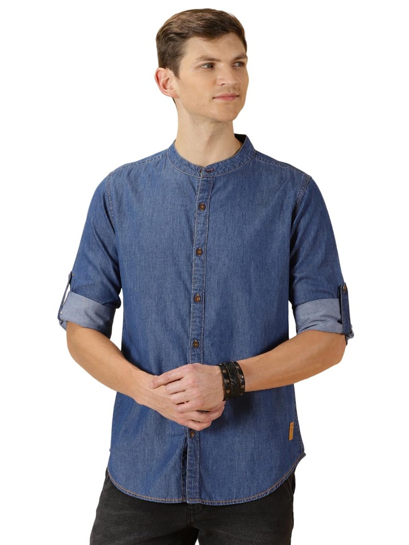 Thomas Scott Men's Smart Slim Fit Band Collar Pure Cotton Denim Casual Overdyed Shirt Mid Blue - Image 1