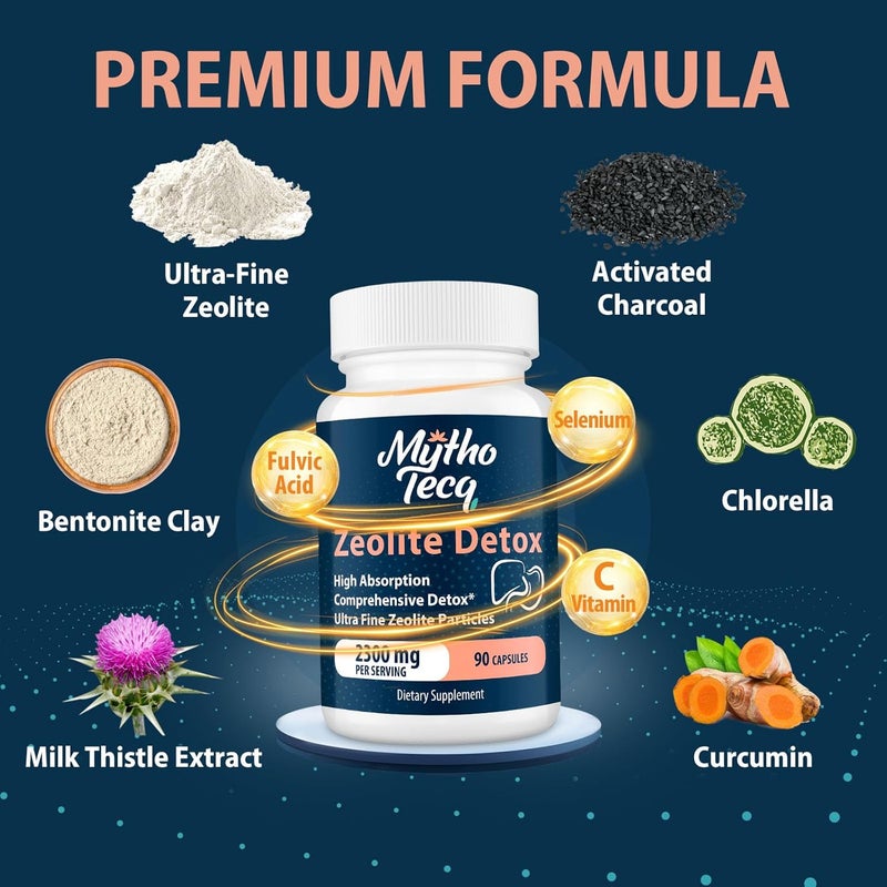 MythoTecq كبسولات إزالة السموم زيو لايت 2300 ملغ  فحم مفعل  طين بنتونيت  قابلة للإمتصاص بشكل عالي  إزالة سموم الجسم بالكامل  إزالة سموم الكبد والأمعاء  زيو لايت كلينوبتيلوليت لإزالة سموم المعادن الثقيلة 90 كبسولة - Image 3