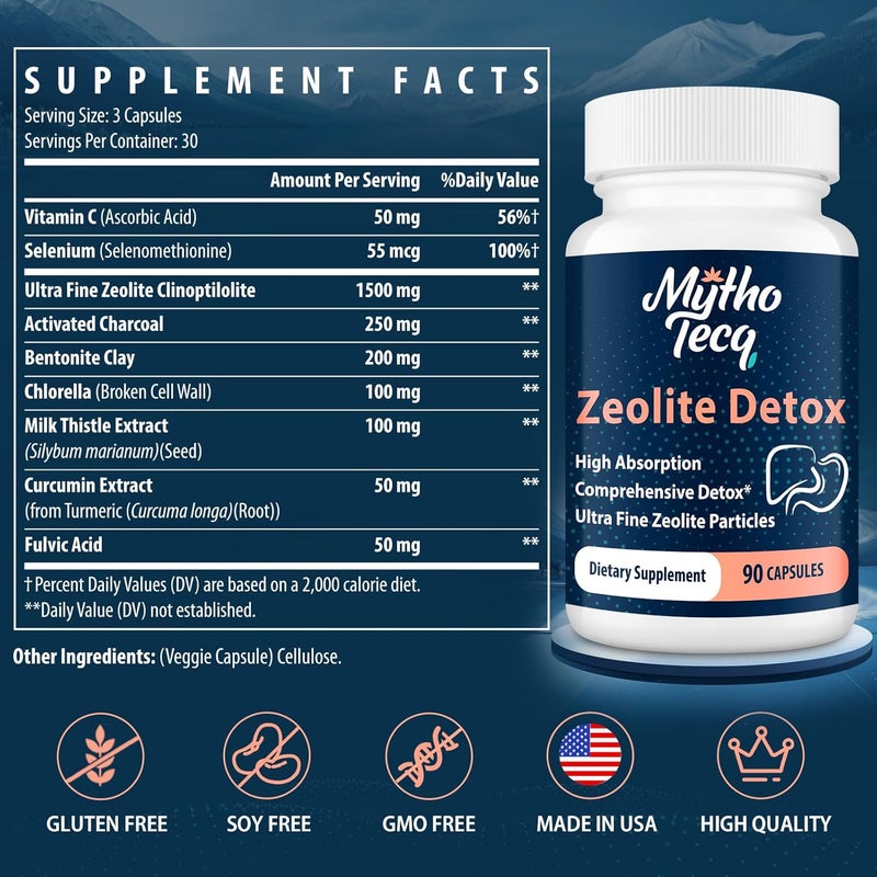 MythoTecq كبسولات إزالة السموم زيو لايت 2300 ملغ  فحم مفعل  طين بنتونيت  قابلة للإمتصاص بشكل عالي  إزالة سموم الجسم بالكامل  إزالة سموم الكبد والأمعاء  زيو لايت كلينوبتيلوليت لإزالة سموم المعادن الثقيلة 90 كبسولة - Image 2