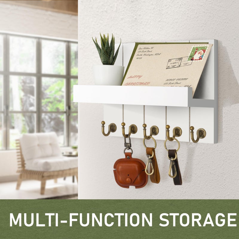 Rebee Vision Key Holder for Wall - Decorative Mail Organizer Wall Mount with 5 Key Hooks for Modern Farmhouse Apartment Essentials - Home Decor for Living Room (Rustic White, 3.54"D x 10"W x 7.28"H) - Image 2