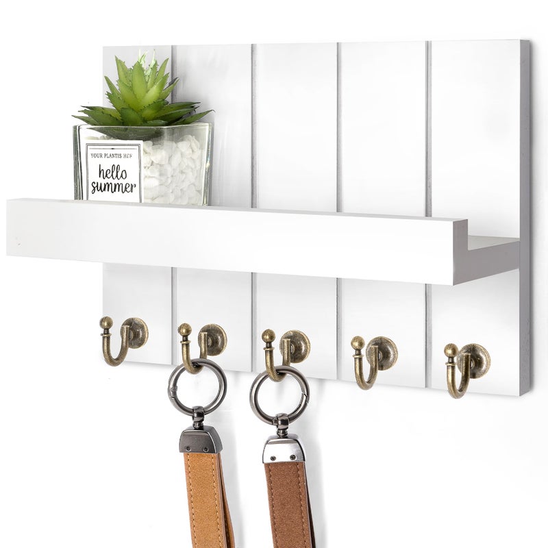 Rebee Vision Key Holder for Wall - Decorative Mail Organizer Wall Mount with 5 Key Hooks for Modern Farmhouse Apartment Essentials - Home Decor for Living Room (Rustic White, 3.54"D x 10"W x 7.28"H) - Image 1