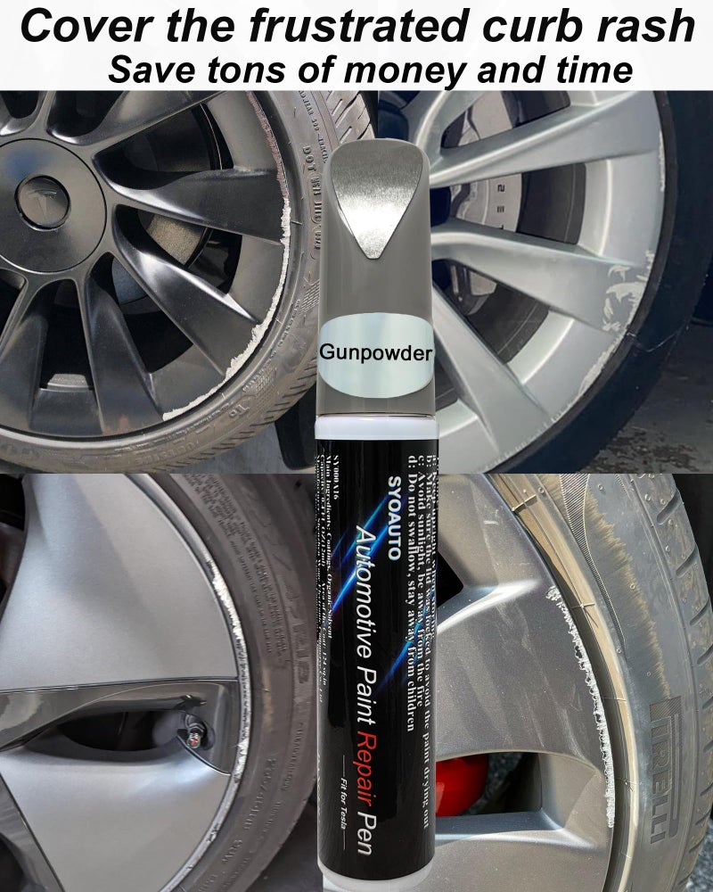 SYOAUTO طلاء تصحيح حواف SYOAUTO بلون بارود لسيارات تسلا موديل Y 3 S X أوبيرتوربين/أراكنيد/سايبرستيم/توربين قلم طلاء وتصحيح حواف 2 في 1 لإصلاح خدوش العجلات - Image 3