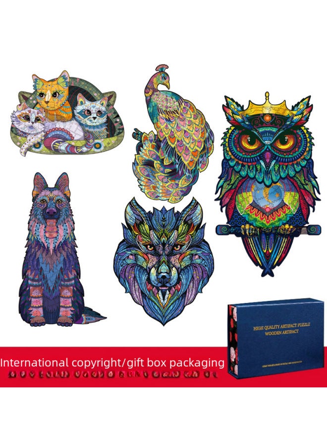 Cat Wolf Owl Shaped Wooden Puzzle Irregular Three-dimensional Animal Puzzle Manufacturers Wooden Toys-Color:Cat In Cat (Medium) - Image 3