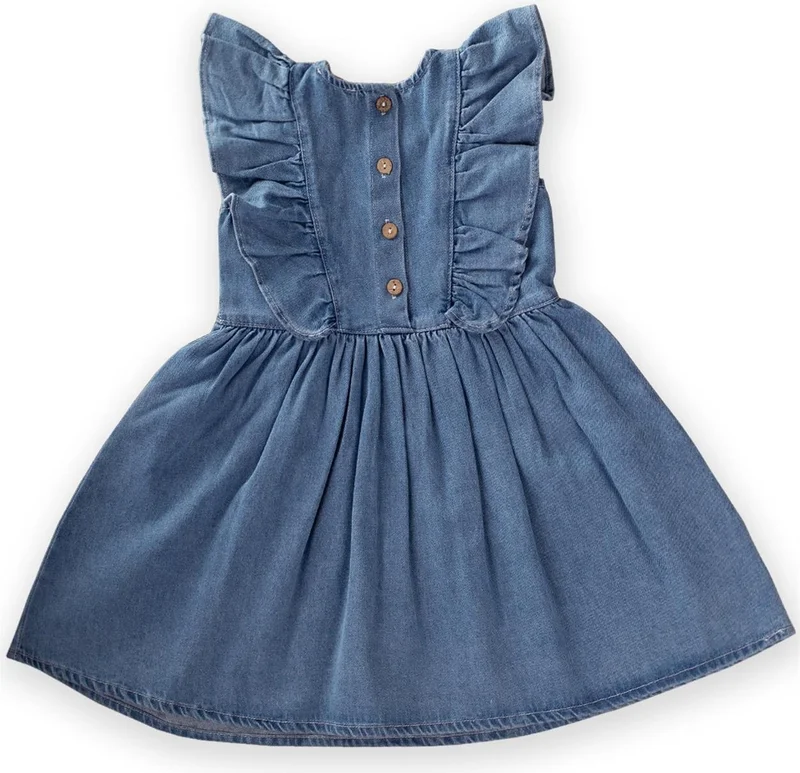Cigit Shoulder Ruffle Denim Dress 2-7 Years Blue