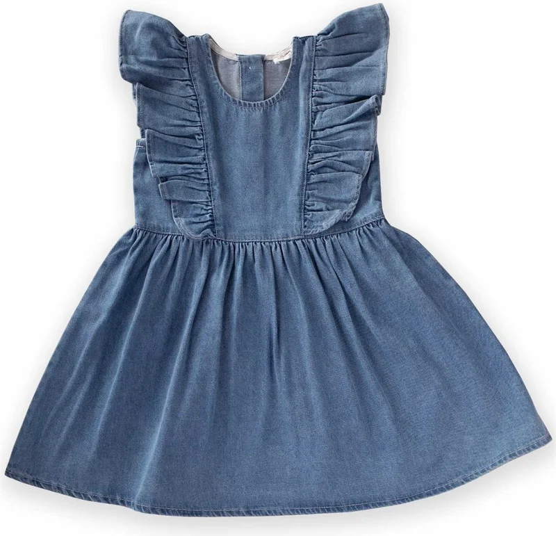 Cigit Shoulder Ruffle Denim Dress 2-7 Years Blue