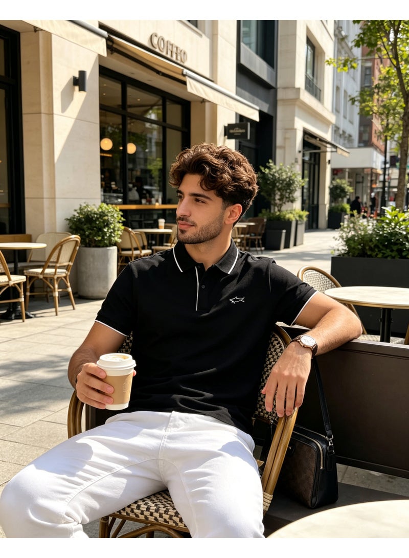 Paul & Shark قميص بولو رجالي قصير الأكمام، قميص كلاسيكي بياقة للارتداء اليومي أسود - Image 3