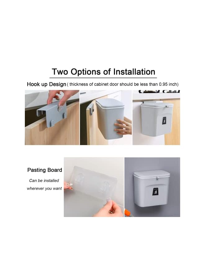 Tiyafuro 2.4 Gallon Kitchen Compost Bin for Counter Top or Under Sink, Hanging Small Trash Can with Lid for Cupboard/Bathroom/Bedroom/Office/Camping, Mountable Indoor Compost Bucket, Gray - Image 4